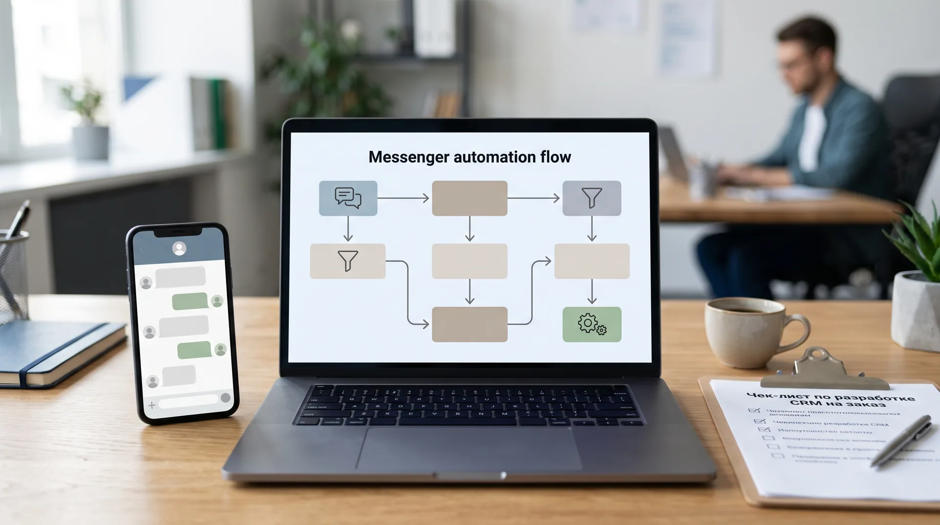 Рабочая сцена к материалу «Разработка crm системы на заказ: что проверить перед заказом»